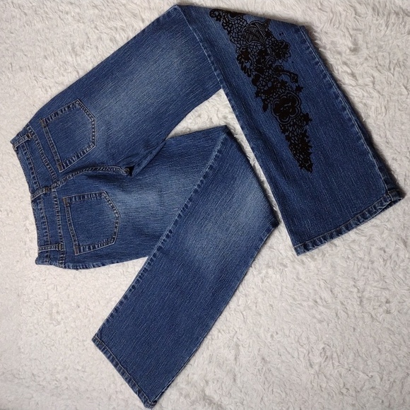 BELLE Sport Blue Medium Wash Black Floral Suede Embroidered Straight Leg Jeans - Picture 13 of 13